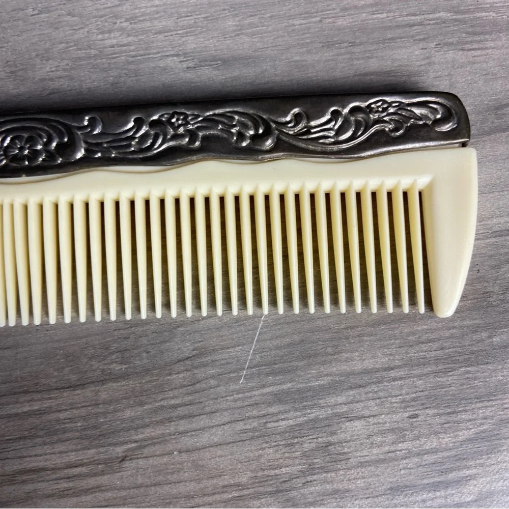 Vintage Ornate Embossed Silver Plate Victorian Early‎ Plastic Hair Comb Vanity